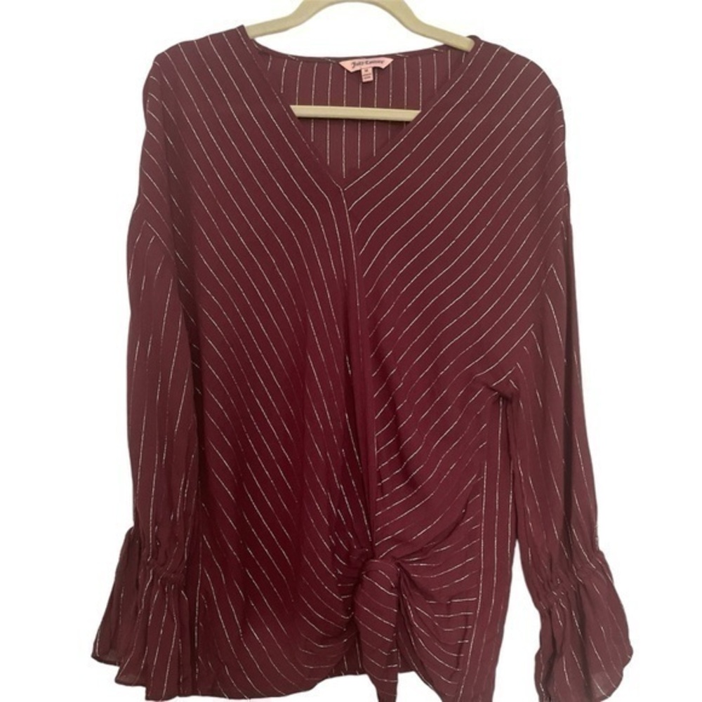 Vintage Juicy Couture Y2K Burgundy Ruffle Sleeve Sparkle Top Size M - Picture 1 of 7